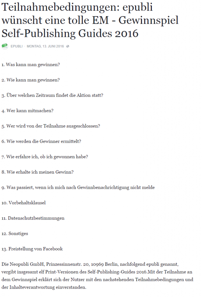 epubli Facebook Gewinnspiel Fußball EM 2016 Teilnahmebedingungen