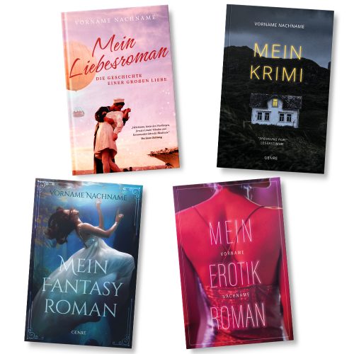 Buchcover-Beispiele für die Gestaltung eines Liebesromans, Krimis, Fantasyromans und Erotikromans